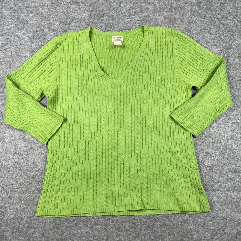 LL Bean Sweater Womens Large Green Cable Knit V-Neck 3/4 Sleeve Lightweight